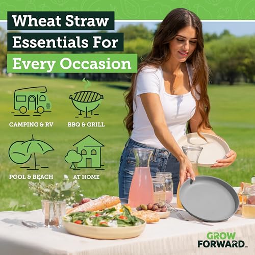 Grow Forward Premium Wheat Straw Plates and Bowls Sets - 8-Piece Wheat Straw Dinnerware Sets - Unbreakable & Reusable Microwave Safe Plastic Dinner Plates for Outdoors, RV, Camping Dishes - Moonlight - color: Moonlight