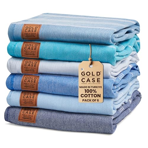 Gold CASE LYCIA Turkish Beach Towel Set of 6 – 100% Cotton Turkish Beach Towels Bulk 70 x 38'' – LYCIA Oversized, Quick Dry & Sand Free Beach Towel – Lightweight Towels Set in Tones of Blue - color: Tones of Blue, style: Beach-Bath Towel Set