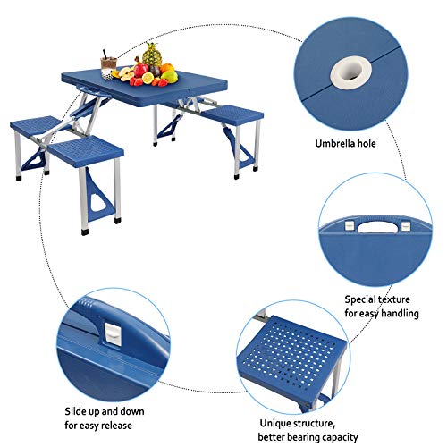 Folding Picnic Table with Umbrella Hole,Aluminum Suitcase Portable Outdoor Table with 4 Seats,for Patio,Porch or Camping Table and Chair Set (Blue)
