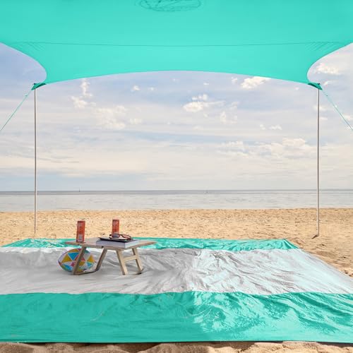 WEKAPO Beach Tent Sun Shelter - Easy Setup Beach Canopy with 4 Sturdy Poles, Large Sandbags and Shovel, 7'1'' Tall, Windproof Sun Shade for Backyard and Camping, UPF 50+ Protection - color: Turquoise, size: 9x10 FT 4 Pole