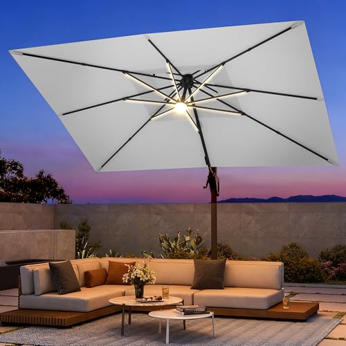 9 X 12 FT Cantilever Patio Umbrella with Led Lights and Base Included Heavy Duty Outdoor Double Top Large Rectangle Offset Umbrellas with 360-degree Rotation for Garden Pool Deck Backyard, Foggy Grey - color: Foggy Grey, size: 9' X 12'- Weighted Base Incl