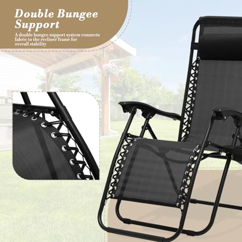 Athena Collection Zero Gravity Outdoor Lounge Chair Set of 2 with Side Table, 25" Width Pool Lounge Lawn Chairs Reclining with Cup Holder, Outdoor Chaise for Beach Patio Backyard Outside, Black - color: Black, style: 25" Width