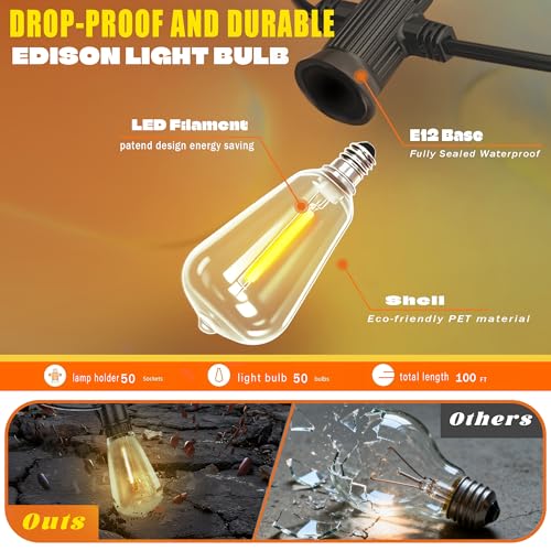 GUNABAY Outdoor Solar String Lights with Remote -100FT Wire and 50+1 LED shatterproof Bulbs,dimmable Waterproof Fairy Lights for Patio, Garden, Yard, Balcony & Party Decor - size: 100