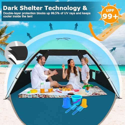 COMMOUDS Beach Tent Sun Shade for 3/4/6/8 Person, UPF 50+ Beach Sun Shelter Canopy Tent, Lightweight, Easy Set Up and Carry - color: Turquoise with Dark Shelter, size: 3 Person