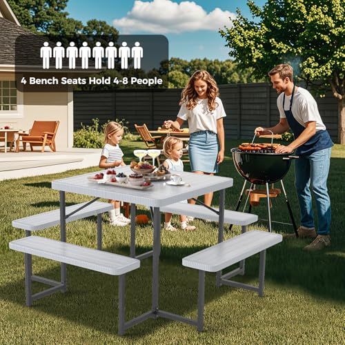 Byroce Outdoor Picnic Table for 4-8 Person, HDPE Picnic Camping Table Set with 4 Benches, Umbrella Hole & Metal Frame, Heavy Duty Square Dining Table Chairs for BBQ in Patio, Yard & Poolside (Gray) - color: Grey
