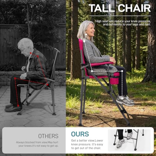 EVER ADVANCED Tall Camping Directors Chair with Cup Holder 31", Bar Height Folding Chair for Camping, Sports with Carry Bag, Mesh Pockets and Footrest, Heavy Duty 300 lbs, Pink - color: Pink, style: Fabric