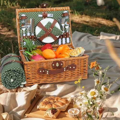 Picnic Basket for 4 Persons with Waterproof Picnic Blanket and Insulated Cooler, Large Wicker Picnic Basket for Camping, Outdoors, Valentine's Day, Christmas, Birthday, Wedding Gift - color: Green & White Spots