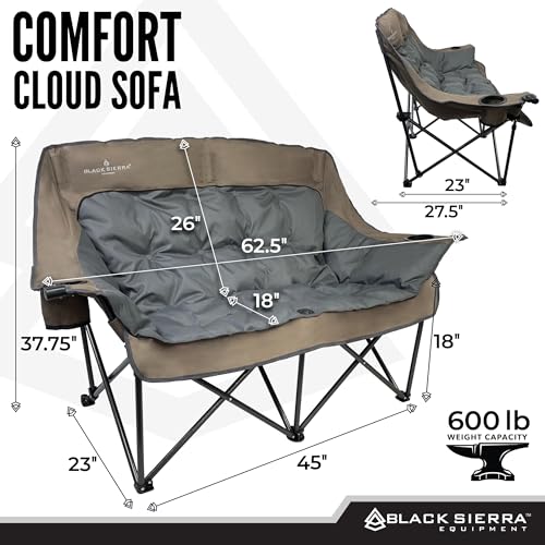 Black Sierra Double Loveseat Comfort Camping Couch, Oversized Folding Chair for Adults, 600‑lb Capacity, Plush Padded Heavy Duty Outdoor Seat with Cup Holders & Carry Bag for Beach, RV | Double loveseat - color: Brown
