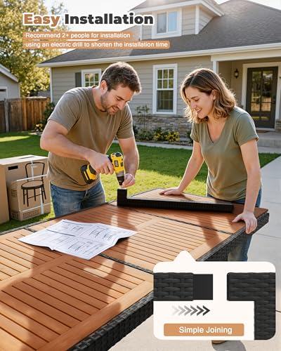 Flamaker 9 Piece Patio Dining Set Outdoor Acacia Wood Table and Chairs with Soft Cushions Wicker Patio Furniture for Deck, Backyard, Garden - color: Black, size: 9 Piece