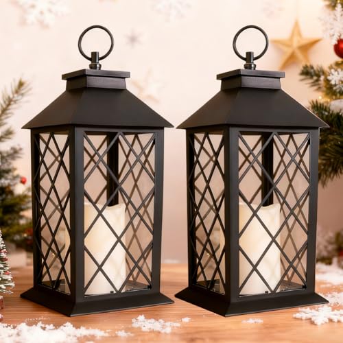 2-Pack 13.5" Vintage Candle Lantern with LED Pillar Light (Black, 6hr Timer) - IP44 Waterproof Battery Powered Decorative Light - Outdoor Hanging Lantern Decorative Indoor Candle Holder - color: [2-pack] Textured Black Lantern - White Candle