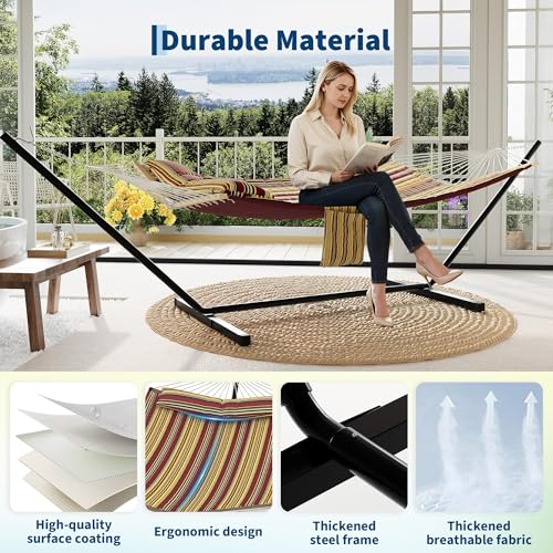 Garvee 2 Person Outdoor Hammock with Stand, Heavy Duty Portable Double Hammock with Balance Rope, MAX 450 LBS Capacity for Patio, Backyard, Garden, Beach - color: Burgundy Brown Stripes, size: Sheep Horn Bracket