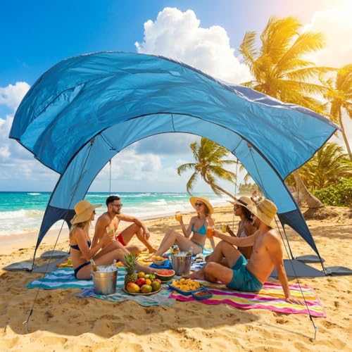 2026 Beach Tent with Floating Shade Sail – Portable & Ventilated Beach Umbrella Canopy with 360° Airflow, Dual Side Pockets & Extra Sun Coverage (3–4 People, 106 * 65 * 62"+75"*98" Sail) - style: 106 * 65 * 62"+75"*98" Sail