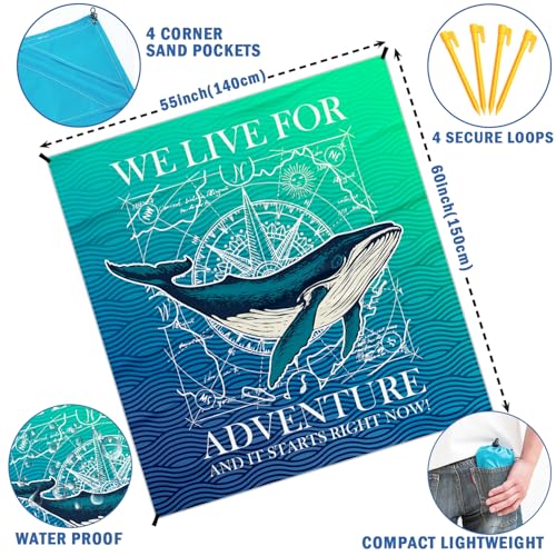 Beach Whale Pocket Picnic Blankets, Blue Ocean Coastal Mini Beach Camping Blanket Waterproof Sandproof, Rustic Sea RV Outdoor Picnic Blanket Mat Gifts for Camper Campsite Travel 55x60in - color: Whale