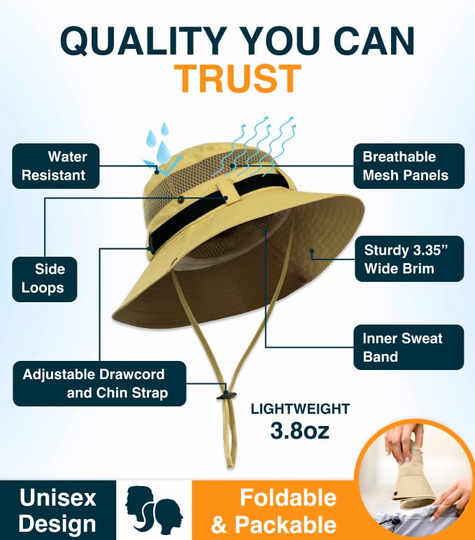 GearTOP Wide Brim Sun Hat for Men & Women, UPF 50+ Fishing Hat with Detachable Neck Flap & Face Cover Gardening Boonie Sunhat - color: Khaki Wanderer