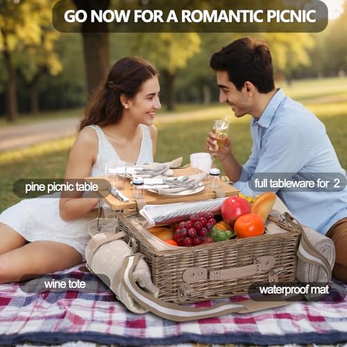 Multifunctional Wicker Picnic Basket Set for 2 with Blanket and Picnic Table, Insulated Picnic Set with Full Tablewares for Camping Outdoor Couples, Flowers - color: Flowers With Blanket &Table for 2
