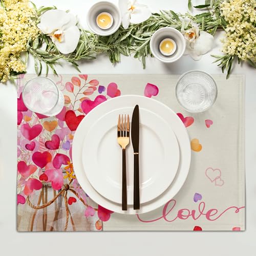 Vintage Love Placemat Set of 4, 12x18 Inch Red and Pink Hearts Eucalyptus Leaves Linen Washable Heat Resistant Table Mats for Wedding Anniversaries Holiday Dinner Party Decor - color: Love Hearts Leaves