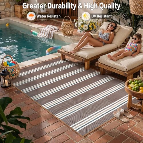 PureCozy Outdoor Waterproof 5x8 Rug for Patio Reversible Plastic Straw Brown Striped Camping Mat Outside Lightweight Large Floor Mat for RV Deck Beach Balcony Picnic Backyard Entry Porch - color: Stripe | Brown, size: 5' x 8' (Rectangular)