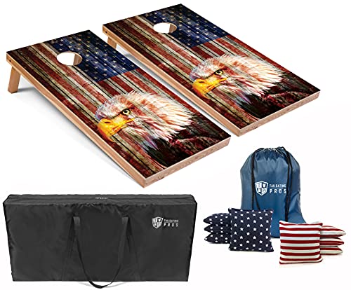 Tailgating Pros Regulation Cornhole Boards Flag Set - Includes 8 Bean Bags, Carrying Cases, and 4'x2' Corn Hole Toss Game w/Ring Light - color: Patriotic Eagle Flag