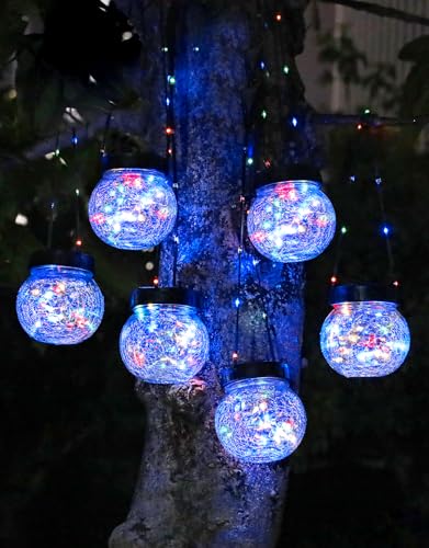 PARTPHONER Solar Lantern Solar Lights Outdoor Waterproof 6-Pack, Solar Powered Hanging Lights Cracked Glass Hanging Globes for Christmas Decoration, Shepherd Hook, Garden Tree Ornaments, Multi-Color - color: Black Cap RGB Light, size: 6 Pack