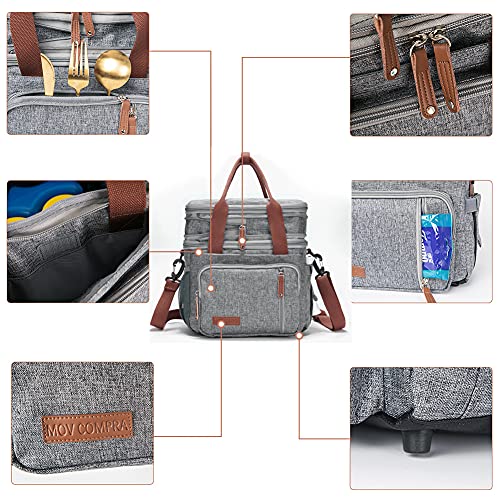 MOV COMPRA Adult Lunch Box for Work, Expandable Large Lunch Bags for Women Men, Leakproof Double Deck Lunch Box Cooler Tote Bag with Removable Shoulder Strap (Grey) - color: Gray