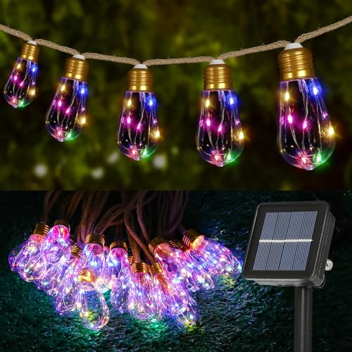 Solar String Lights Outdoor, 24FT Solar Patio String Lights for Outside, Outdoor Solar Lights with 20 Shatterproof Bulbs, Waterproof 8 Light Modes for Garden Fence Balcony Camping Decor - Multicolor - color: Solar-Multicolored