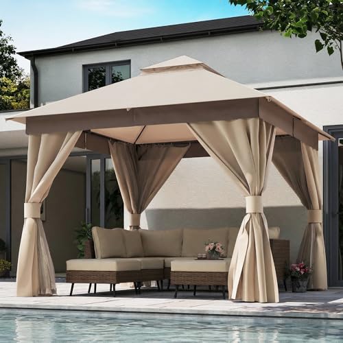 LAUSAINT HOME 10'x10' Outdoor Gazebo, Metal Frame Heavy Duty Patio Canopy Tent Shelter with Double Roofs, Mosquito Nettings and Privacy Screens for Backyard, Garden, Lawn, Khaki - color: Khaki, size: 10'x10'