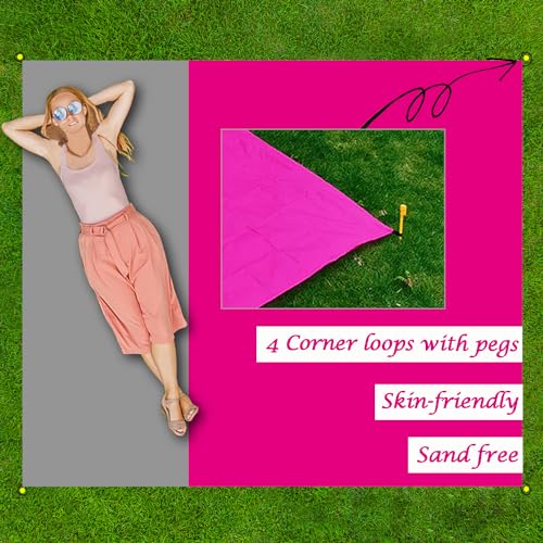 Outdoor Pocket Blanket Extra Large Beach Blanket Sandproof 82″x 78″for 4-6 Adults Compact Foldable Quick Drying Lightweight Picnic Blankets Waterproof with 4 Stakes & Bag (Pink+Grey) - color: Pink+grey