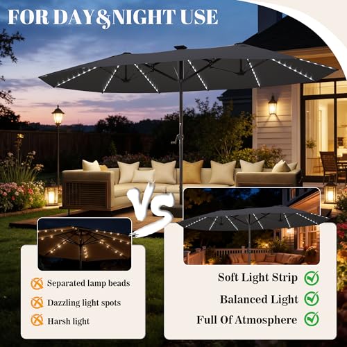 GDPFN 15ft Rectangular Patio Umbrella with Solar LED Lights, Double-Sided Outdoor Market Umbrella with Base Included, Extra Large Shade for Pool, Deck, Backyard, Garden, Dark Gray - color: Dark Gray, size: Base&led