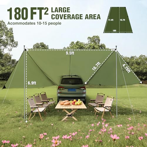 REDCAMP Large 19ft x17ft Car Awning for SUV with 2 Tarp Poles & 2 Suction Cup Hooks, Waterproof UV Protection Sun Shade Vehicle Awning Shelter Tarp for Camping, Truck, Van, Tailgate Canopy