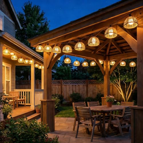 TWINKVILLA Solar Rattan String Lights Outdoor, 16FT 16 LED Half-Globe Hemisphere Wicker Lanterns, IP65 Waterproof Solar Powered Patio Lights, Boho Decorative Hanging Lighting for Garden Porch Wedding