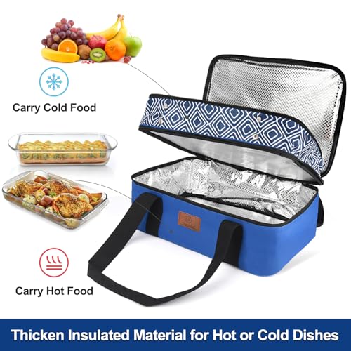 Genteen Insulated Casserole Carrier,Expandable Double Insulated Food Carrier for Hot and Cold Food, Fits 9x13 Casserole Dish,Lasagna Holder Tote for Parties Potluck Picnic (Blue)