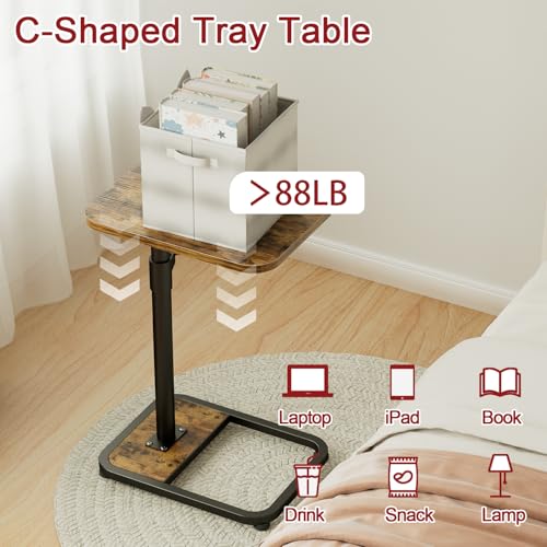 GOYLSER C-Shaped Tables Small Swivel End Table, Height Adjustable Side Tables Living Room, Rotating Snack Couch Wooden Tv Trays for Eating On Couch, Rustic Brown - color: Rustic Brown, style: Standard C Table