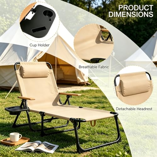 Foldable Chaise Lounge Chair Outdoor, Tanning Chair with 4-Position Reclining Back, Folding Sun Lounger, Outdoor Lounge Chair for Beach, Poolside, Backyard, Camping, UPF 50+, 300 LBS - color: Beige