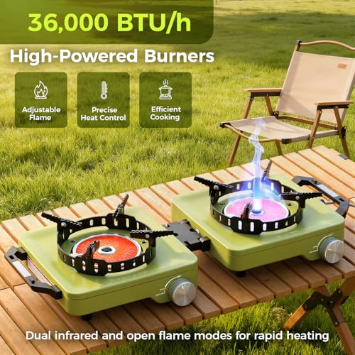 MoKo Propane Camping Stove 2 Burner, 36,000 BTU Infrared & Open Flame Hybrid, Windproof Folding Portable Outdoor Gas Cooking Kit with Frying Pan & Carry Bag For RV, Tailgating, Survival, Green - color: Green