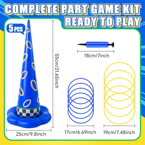 5 Pack Inflatable Ring Toss Game - Blue with Gold Ring Birthday Party Games with 10 Plastic Rings & Pump, Indoor Outdoor Carnival Toss Toy for Kids Party Favors - color: Blue Gold Ring