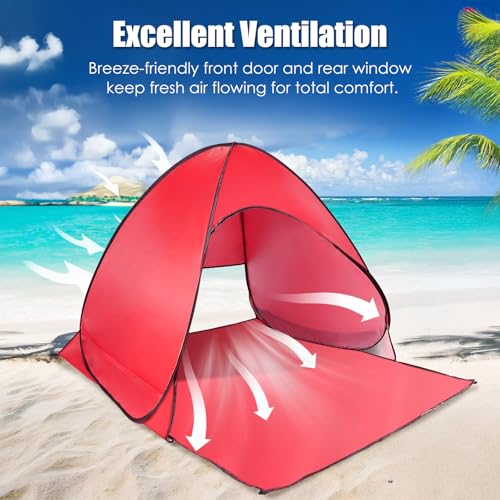 Pop Up Beach Tent, Sun Shelter for 2-3 Person, Sun Shelter with UPF 50+ & Lightweight, Portable Beach Tent Easy Pop Up for Outdoor Camping Fishing - style: Red