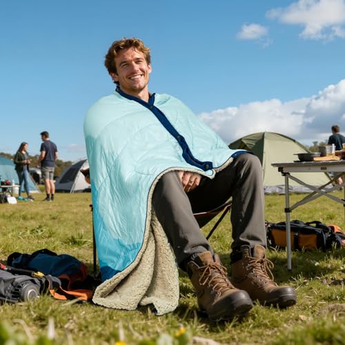 Outdoor Camping Blanket - Puffy Camping Blanket Packable,Sherpa Fleece Warm Blanket for Camping, Outdoors, Travel, Stadium, Festivals, Beach, Hammock 56"x 78" Machine Washable, DWR, Lightweight - color: Blue Mountain, size: 78 X 56 Inches