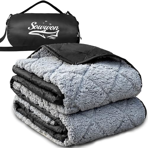 Waterproof Outdoor Blanket 92”X 60” Packable, Stadium Blankets for Camping with Sherpa Fleece Lining, Large Windproof Emergency Throw Mat for Garss Picnic Hiking Road Trip, Machine Washable, Black - color: Sherpa Black-300 Gsm, size: 92"x 60"