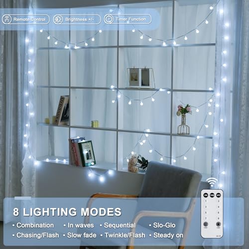 JMEXSUSS 100ft Globe String Lights Indoor Outdoor Waterproof, 200 LED White Christmas Fairy Lights Plug in with Remote, Connectable Hanging Lights for Bedroom Patio Holiday Tree Party Christmas Decor - color: White, size: 200 LED Plug