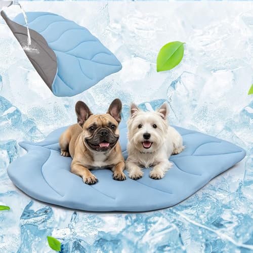 BEAUTYZOO Cooling Mat for Dogs & Cats, Dog Cooling Mat Q-Max>0.4, Double-Sided Pet Cool Pads for Summer, Crate, Kennel, Waterproof Outdoor Cooling Bed, Non-Gel Washable Chill Mats 43"x39" Leaf Shaped - color: Blue Leaf, size: Large