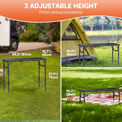 FUNYKICH 3ft Portable Small Folding Table L34.2''xW15.7'', 3 Adjustable Height Small Foldable Tables, Lightweight Aluminum Beach Table with Carry Handle for Car Camping, Backyard BBQ, Picnic, Travel - color: Black, size: Tabletop size:L34.2"xW15.7"
