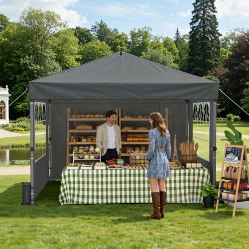 Raynesys Pop Up Canopy Tent with Sidewalls, 10x10ft 10 Person Party Tent One Push Setup, Portable Gazebo Outdoor Sun Shade for Events, Parties, Camping, Commercial, Silver Coated Top, Gray - color: Gray