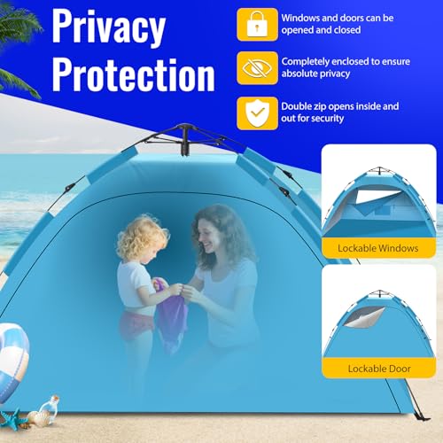 Beach Tent Sun Shelter – Pop Up Easy Setup in 3S Instant Tents for 4/5 Person Beach Umbrella Sun Shelter Shade, UV 50+ Protection, Wind Resistant, Lightweight Portable Baby Tents Shade for Family