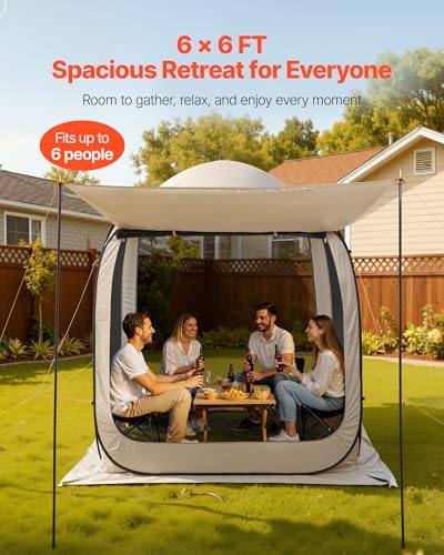 VEVOR Pop Up Screen House Tent, 6 x 6 ft, 4-6 Person Screen Gazebo with Extended Awning, Portable Screened in Canopy with Carry Bag, Netting Sides, for Patio, Backyard, and Outdoor Activities, Beige - color: Beige 1, size: 6×6×7.2 Ft