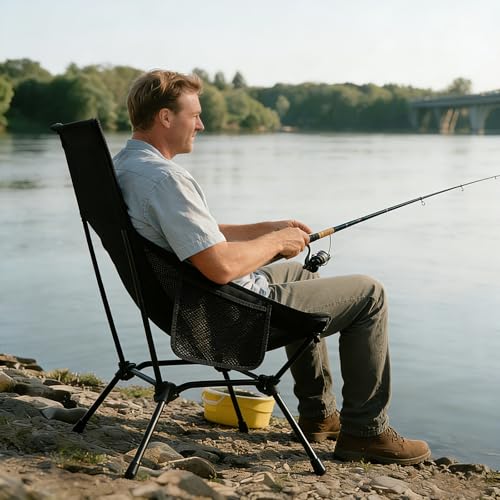 High Back Folding Camping Chair with Pillow, Lightweight Portable Chair for Adults, 2-in-1 Height Adjustment, Deep Recline, Side Pockets for Camping Motorcycle RV Backpacking - color: Black - High Back