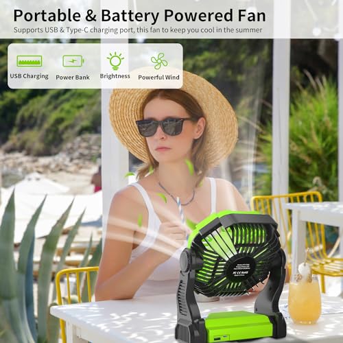 Rechargeable Portable Camping Fan for Tent with LED Light, 270°Pivot USB Personal Battery Powered Fan Outdoor Camping Essentials Battery Operated Portable for Travel X23 Green - color: Green