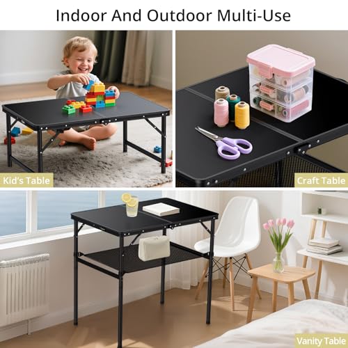 Anbte 3ft Camping Table Foldable with Storage Net, 3 Heights Max 29.5" Aluminum Camping Table with Portable Handle, Lightweight, for Travel Outdoor Beach Picnic Patio Indoor, 36" x 24", Pure Black - size: 36"l X 24"w X 29.5h"