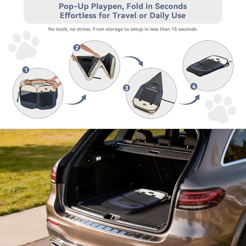 Dog Playpen for Small Dogs & Puppies, 50.39" Portable Indoor Outdoor Puppy Playpen with Bowl, Waterproof Floor, Foldable Pop-Up Pet Pen for Home, Travel & Daily Use, Blue+Beige - color: Blue+Beige, size: L(50.39"x50.39"x25")