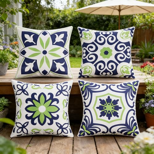 Pyonic Outdoor Pillow Covers 16x16 Set of 4,Spring Summer Foral Garden Waterproof Throw Pillow Covers Cushion Covers for Patio Couch Tent,Navy Blue - color: Navy Blue, size: 16" x 16" (Pack of 4)
