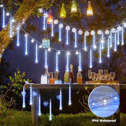 JMEXSUSS Blue and White Solar Meteor Shower Rain Lights, 30cm 8 Tube 144 LED Solar Christmas Lights for Party Holiday Yard Patio Decorations - color: Blue&White, size: 1*144LED